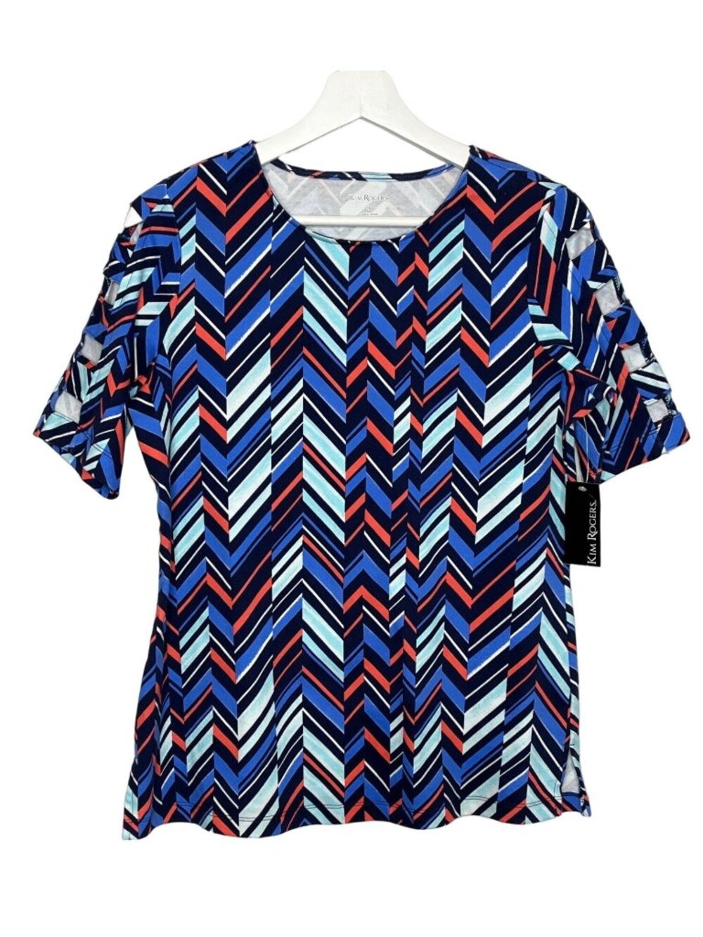 Kim Rogers Womens Small Geometric Print Top Blue Orange Short Sleeve
